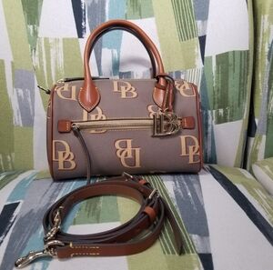 Dooney & Bourke Small Barrel Satchel Bag In Saddle/Taupe Signature Monogram